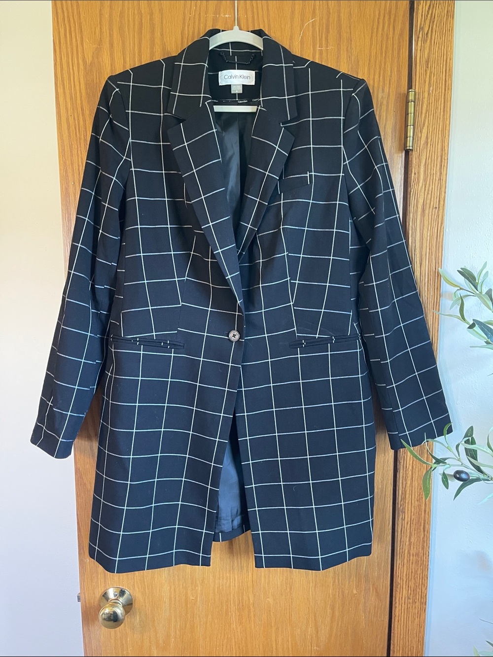 Calvin Klein Black Windowpane Long Blazer Coat